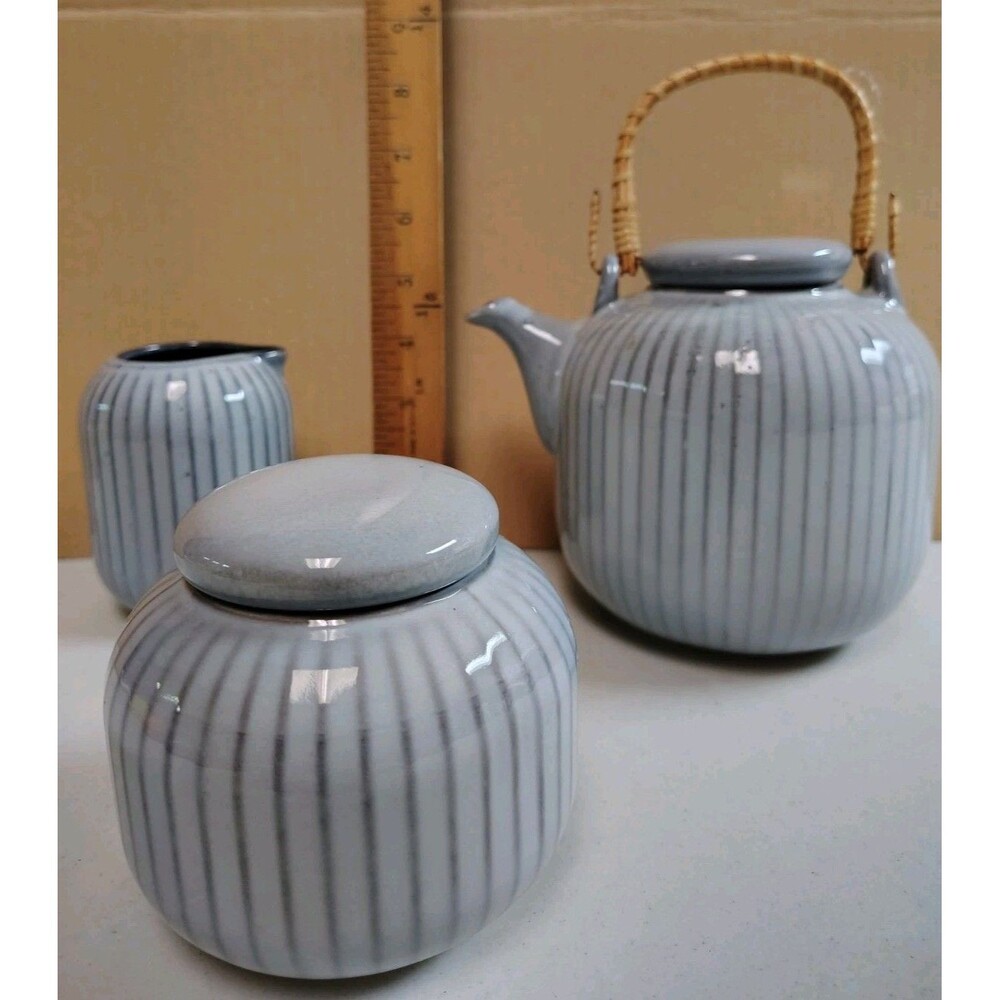 Artisanal Kitchen Supply Soto Gray Ribbed Tea Set - Teapot, Lidded Jar, Creamer - Picture 8 of 9